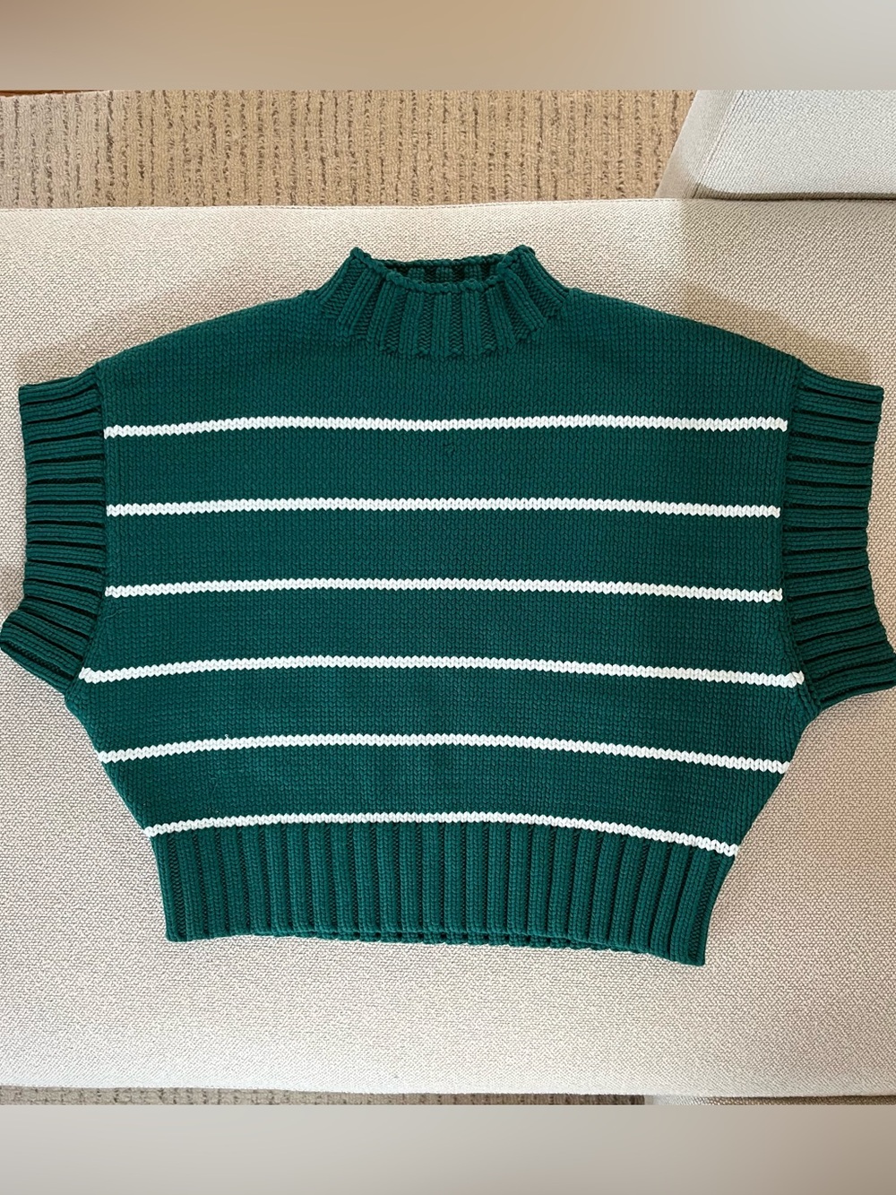 Women’s Zenana Green/White Striped Mock neck Sweater Size Small chunky knit New